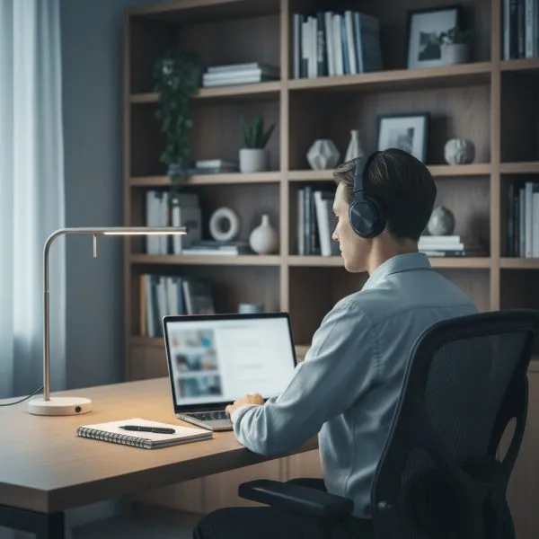 Séance de bilan de compétences à distance en visioconférence depuis un espace de travail à domicile aménagé
